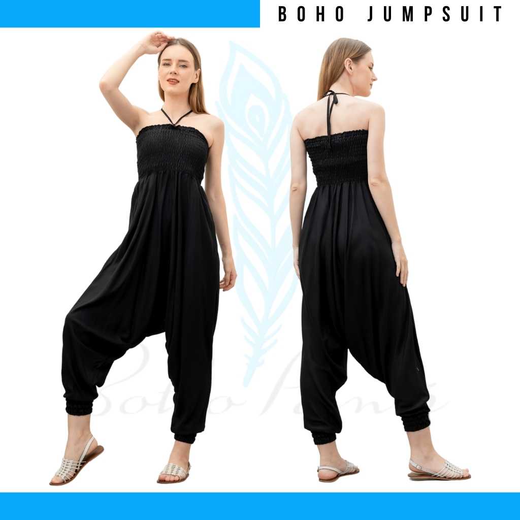 Solid Black Loose Fit Drop Crotch Boho Jumpsuit