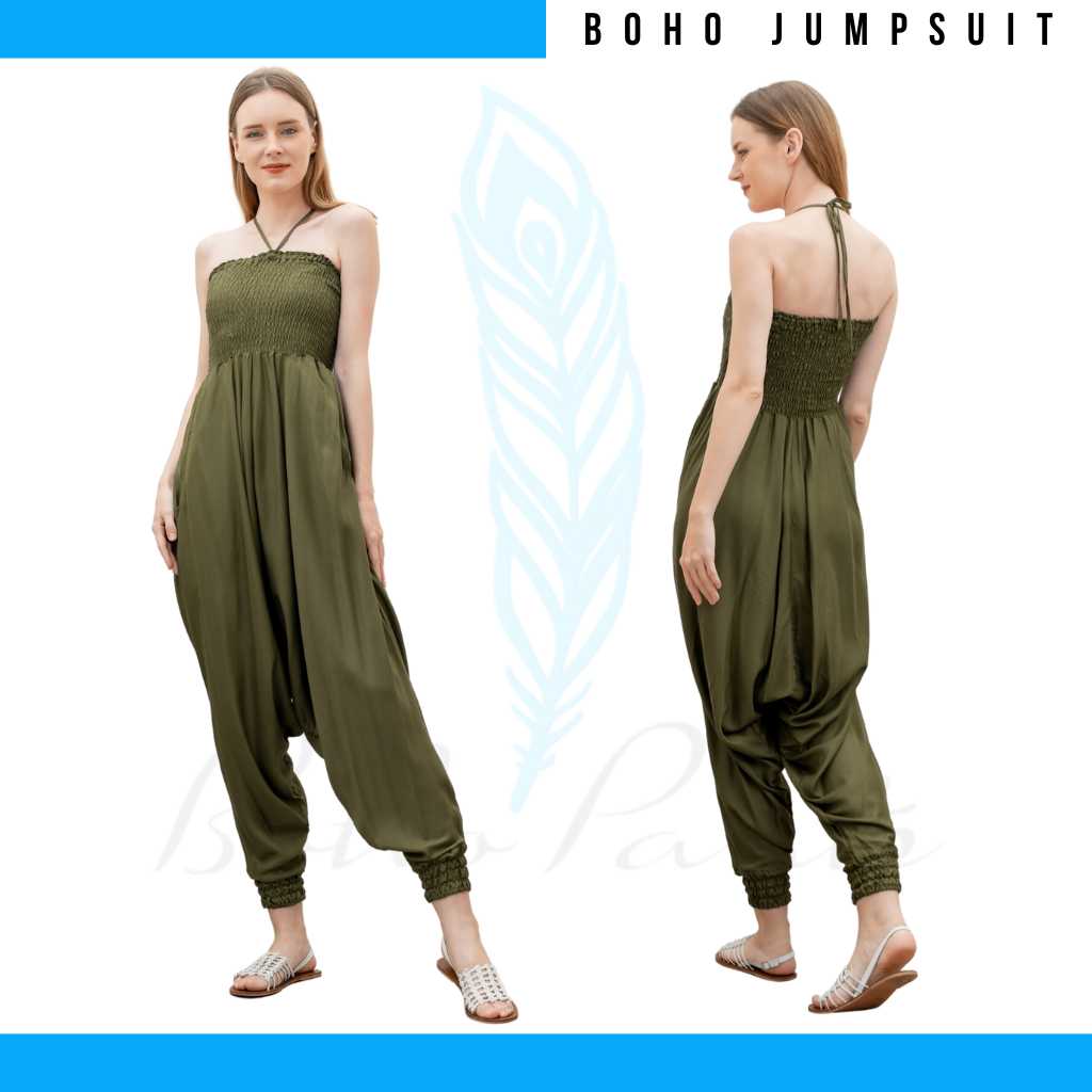 Solid Olive Loose Fit Drop Crotch Boho Jumpsuit